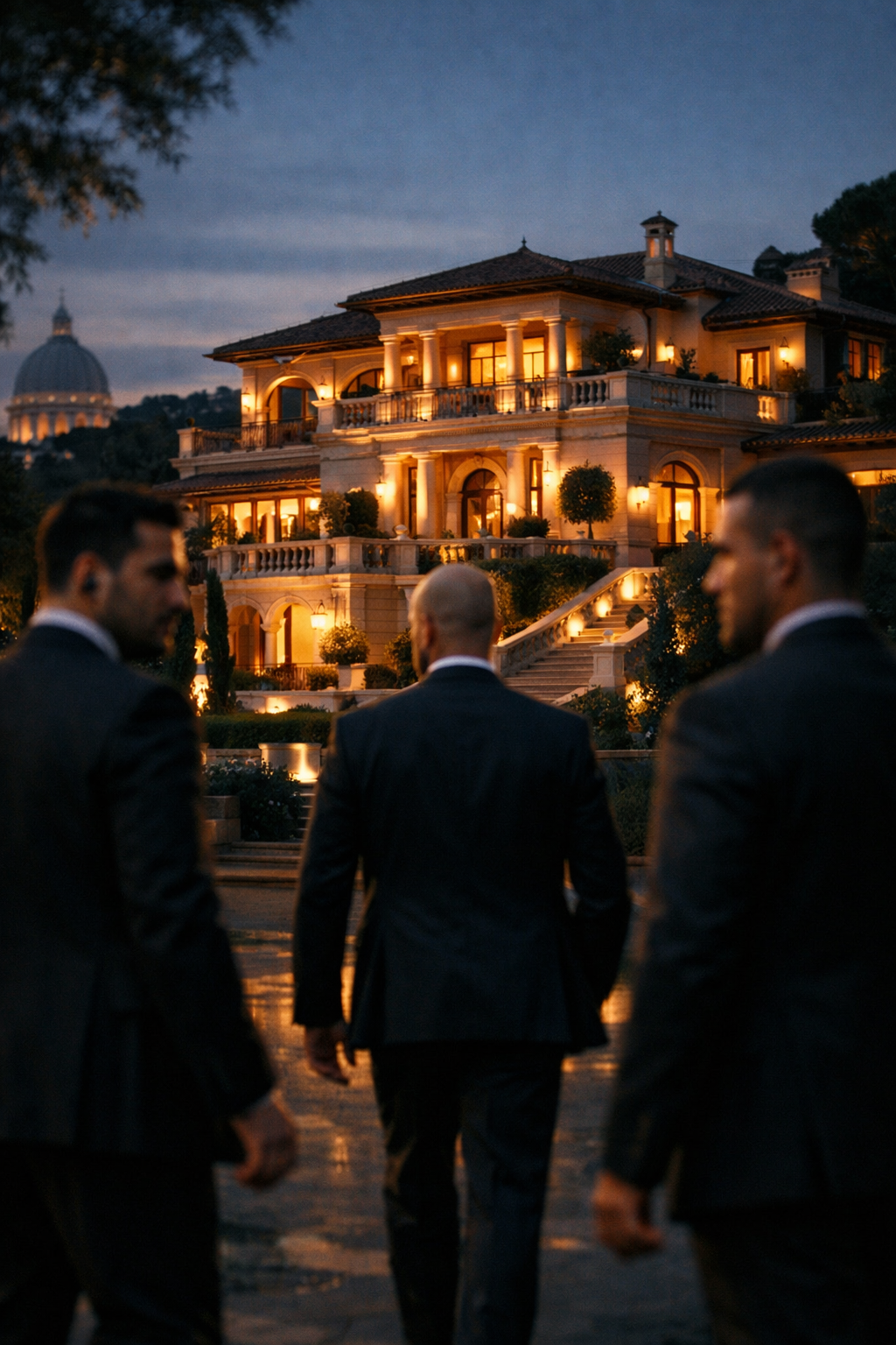 Security operatives in front of luxury villa at night